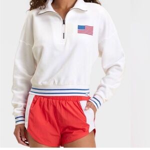 JoyLab White Half-Zip Sweatshirt with American Flag and Blue Trim